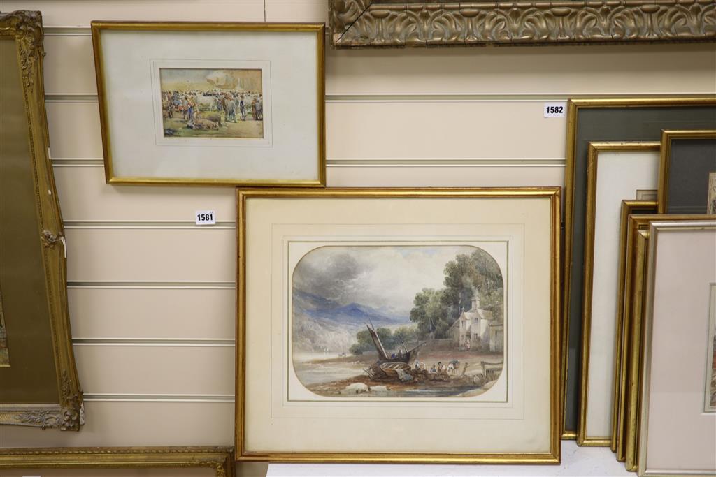 19th century English School, watercolour, Figures on an estuary at low tide, 23 x 32cm and a small watercolour, Market scene, 10 x 15cm